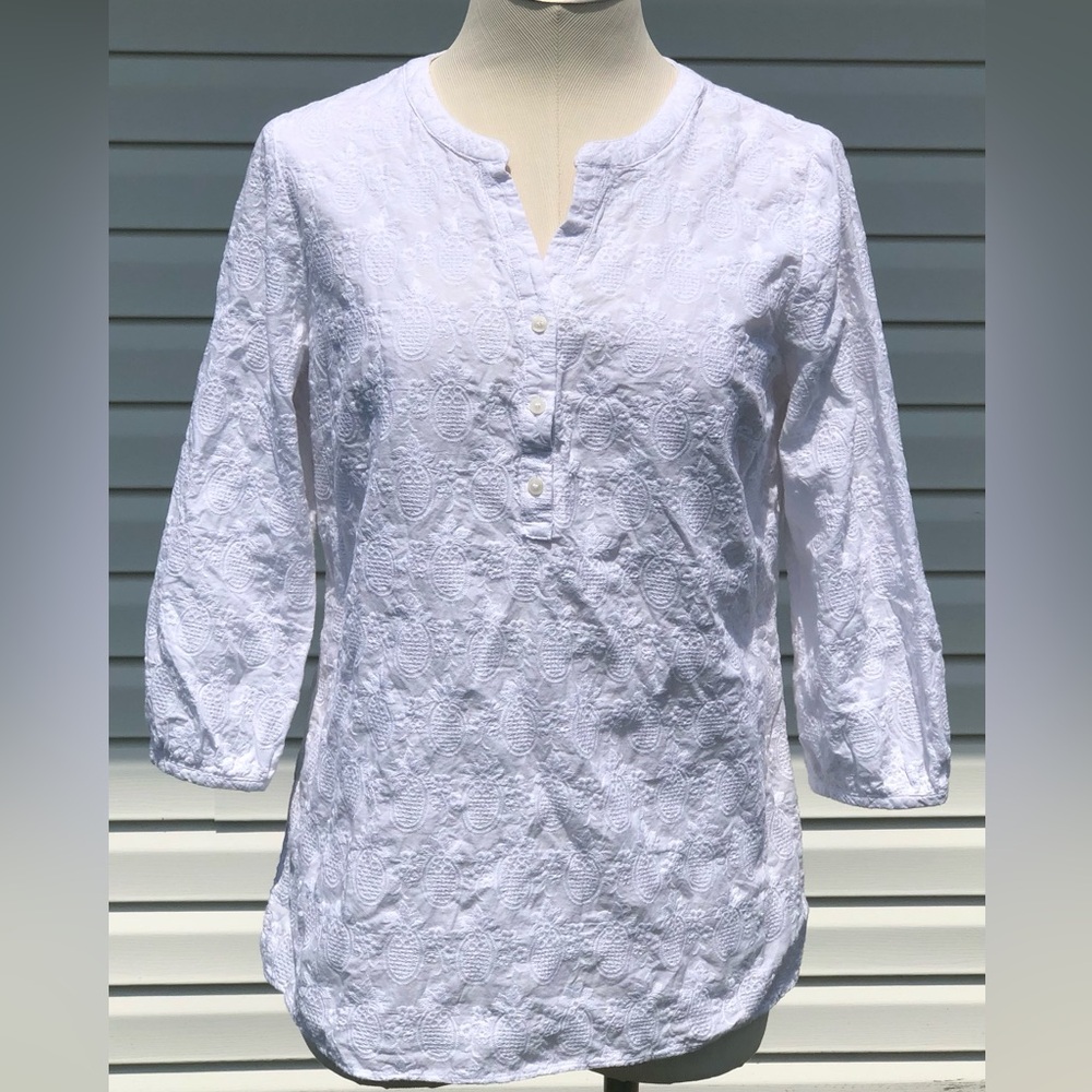 Talbots Size L Pineapple Eyelet White Blouse